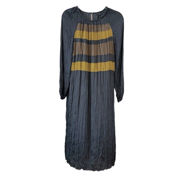 Current Air Dresses & Skirts - Current Air long sleeve crinkle midi dress blue grey with front stripes